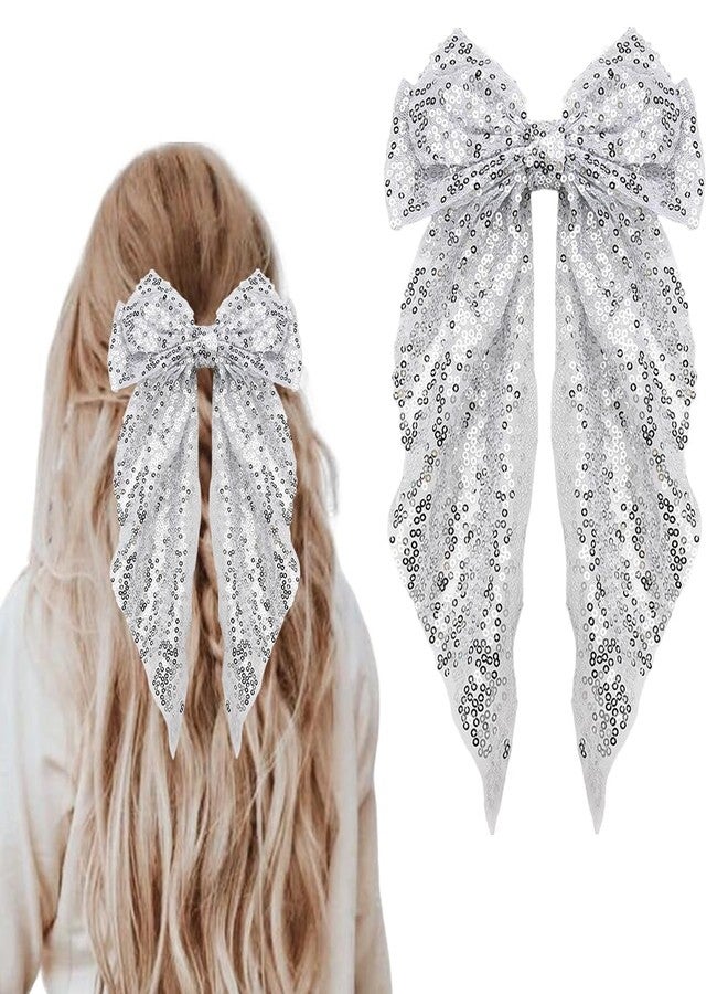 Kefley Silver Sequin Bow Hair Ribbon Clips for Women - Glittering Bows - Disco Sparkling Hair Bow Clips - Headwear for Party Ball - Bow Hair Accessories - Image 1